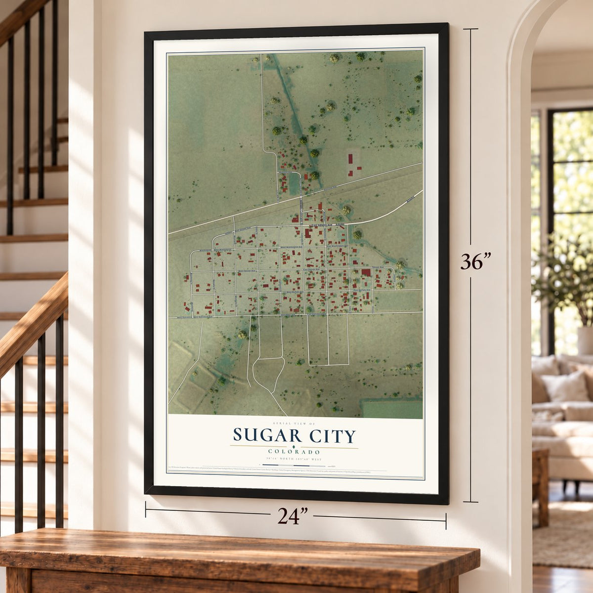 Sugar City, Colorado map, 24 x 36 inch print in a black frame by a staircase