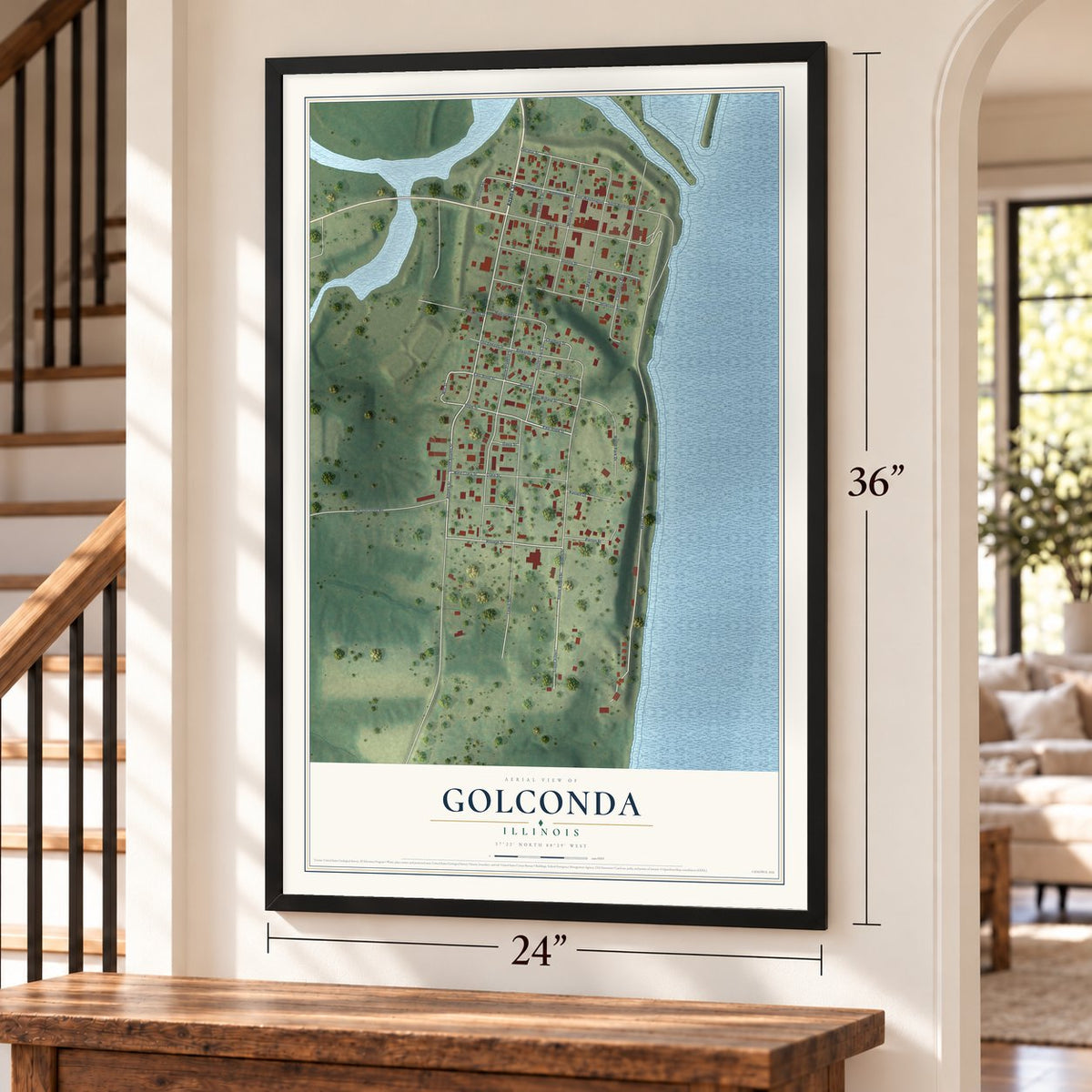 Golconda, Illinois map, 24 x 36 inch print in a black frame by a staircase