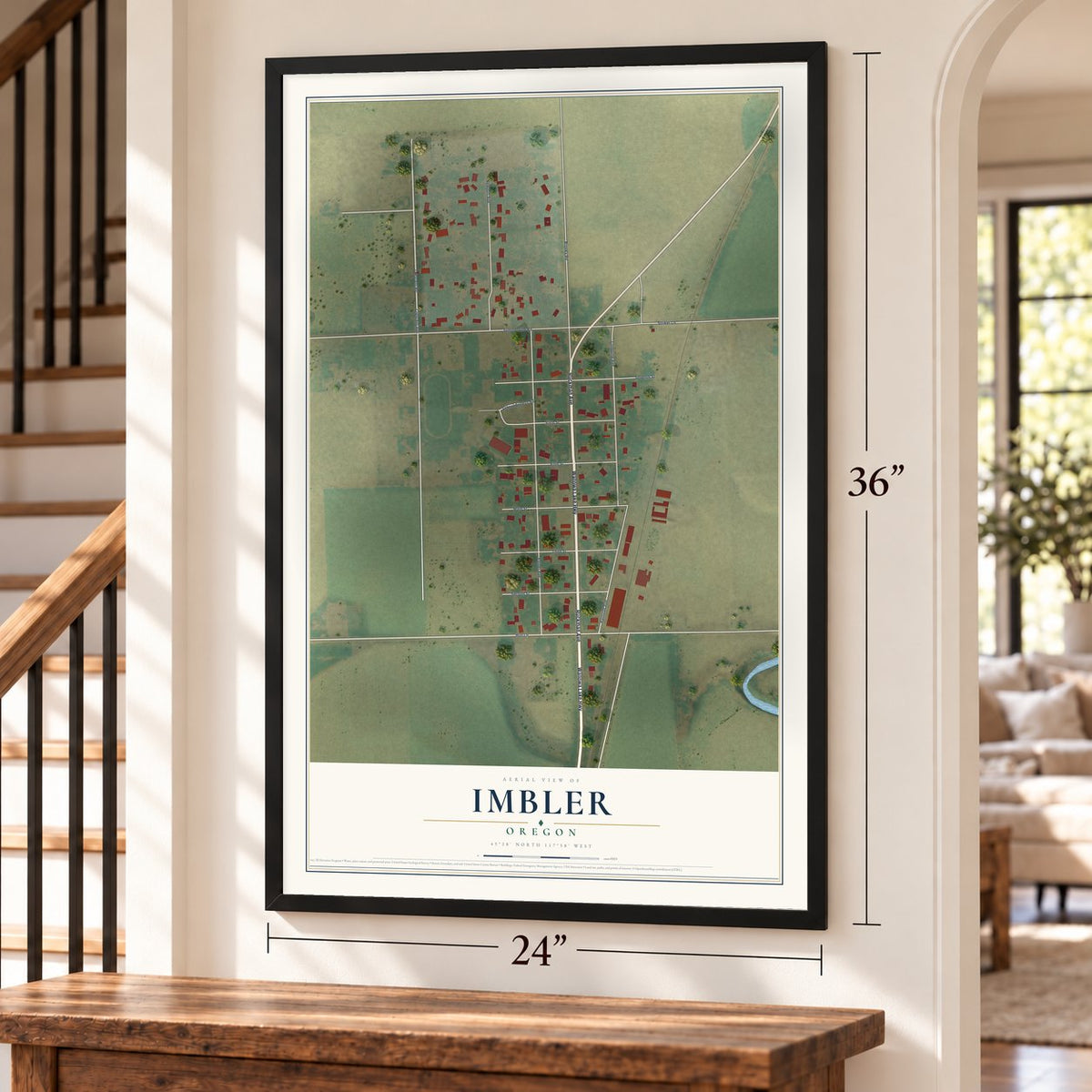 Imbler, Oregon map, 24 x 36 inch print in a black frame by a staircase