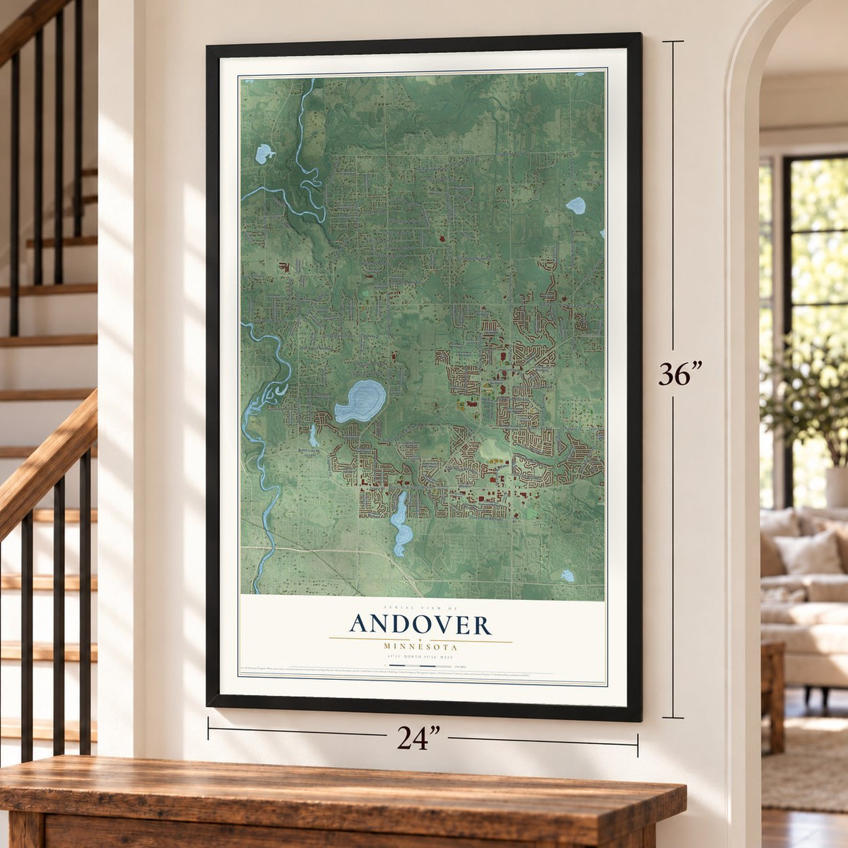 Andover, Minnesota map, 24 x 36 inch print in a black frame by a staircase