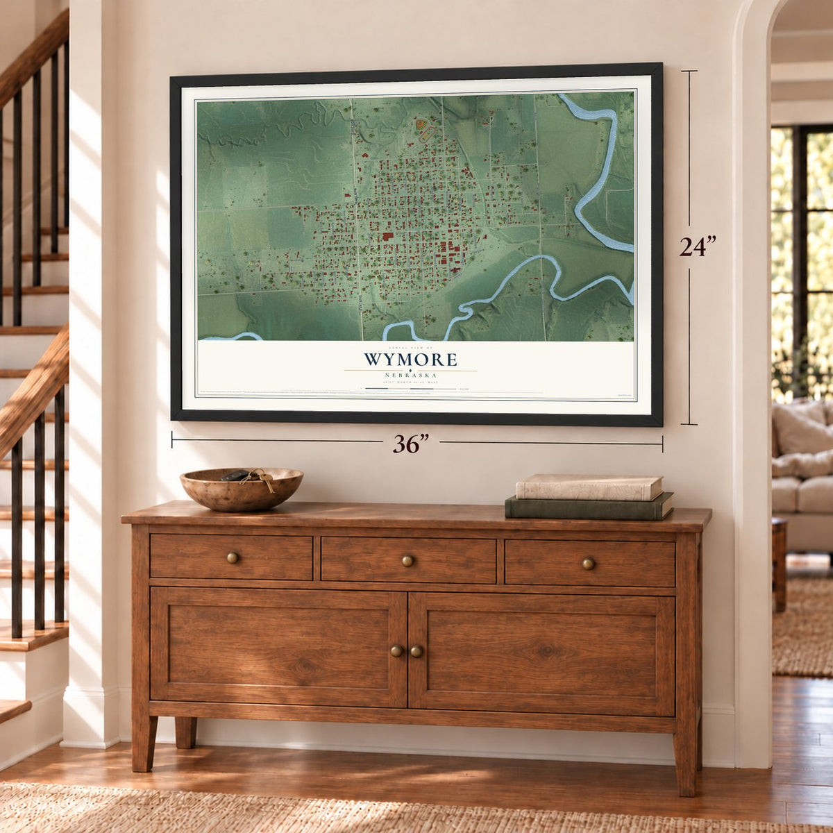 Wymore, Nebraska map, 24 x 36 inch print in a black frame above a dresser by a staircase