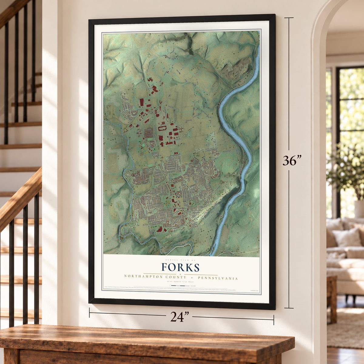 Forks, Northampton County, Pennsylvania map, 24 x 36 inch print in a black frame by a staircase