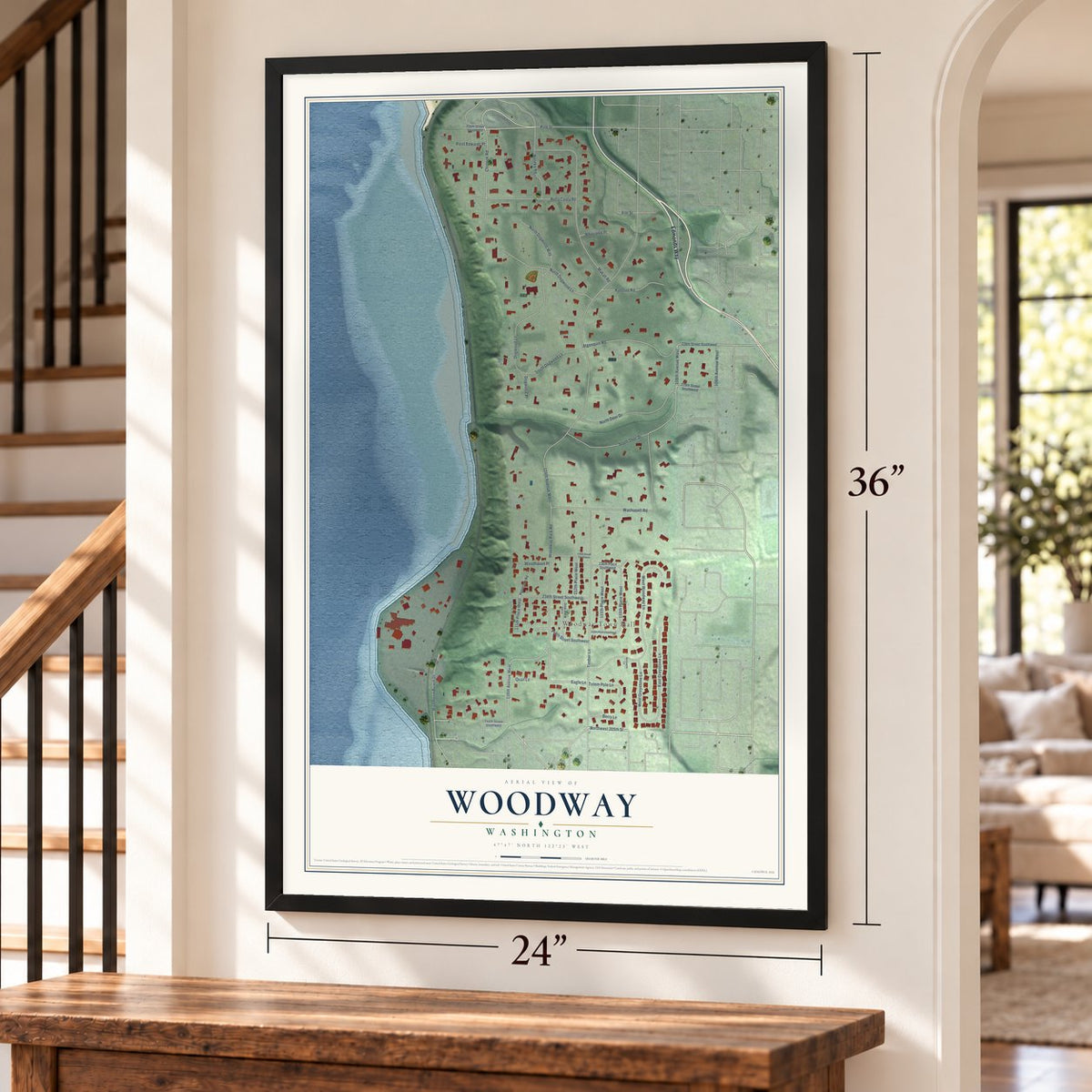 Woodway, Washington map, 24 x 36 inch print in a black frame by a staircase