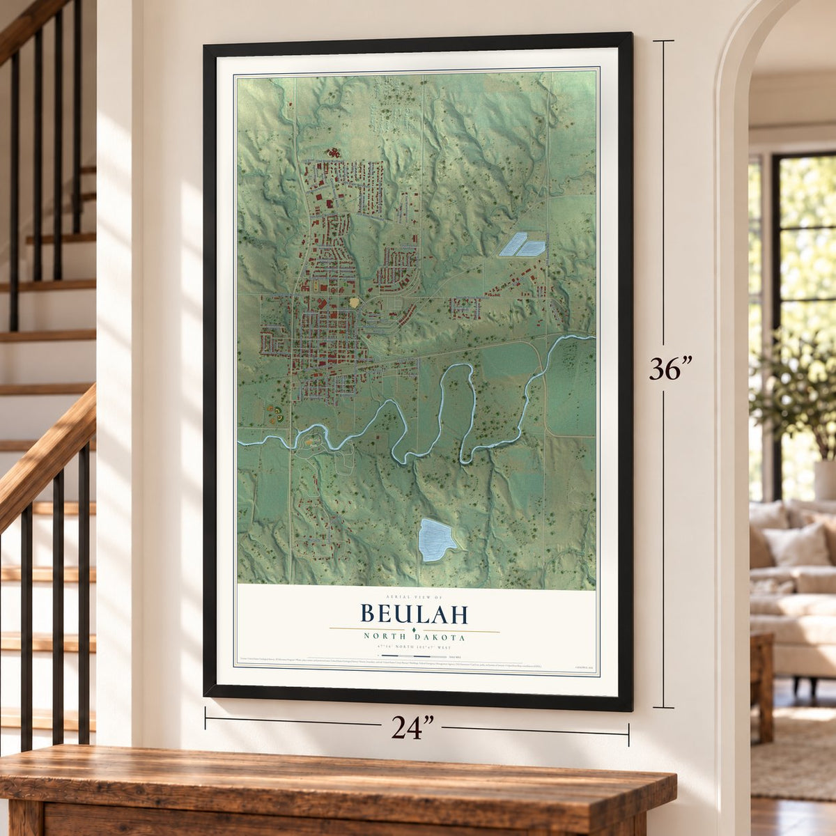 Beulah, North Dakota map, 24 x 36 inch print in a black frame by a staircase