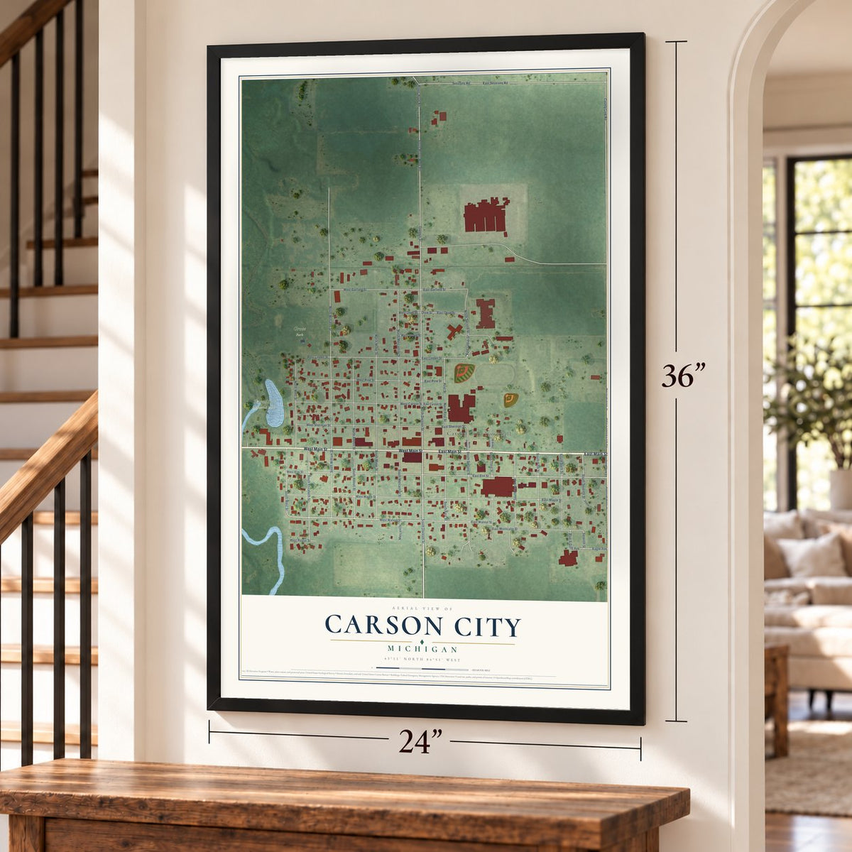Carson City, Michigan map, 24 x 36 inch print in a black frame by a staircase