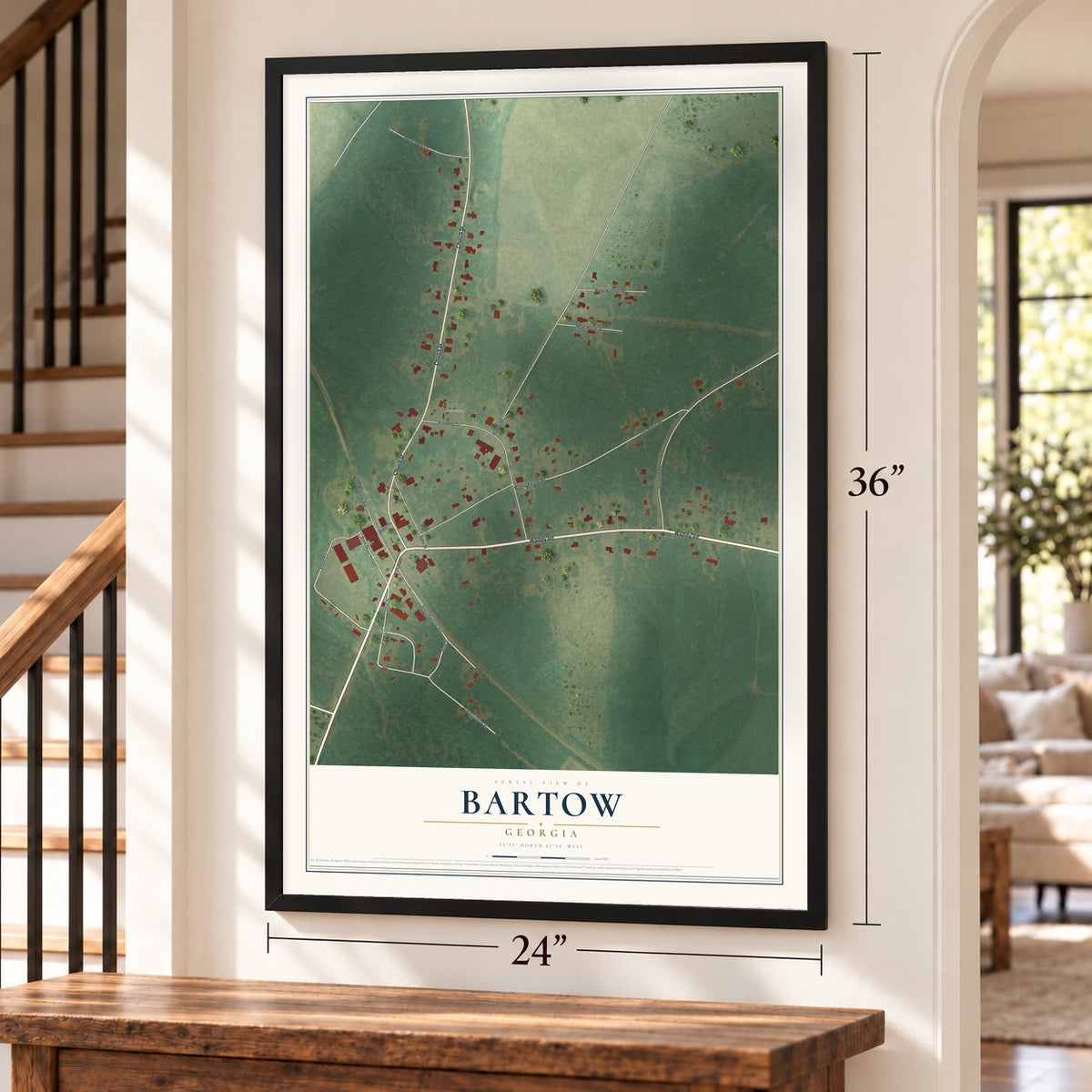 Bartow, Georgia map, 24 x 36 inch print in a black frame by a staircase