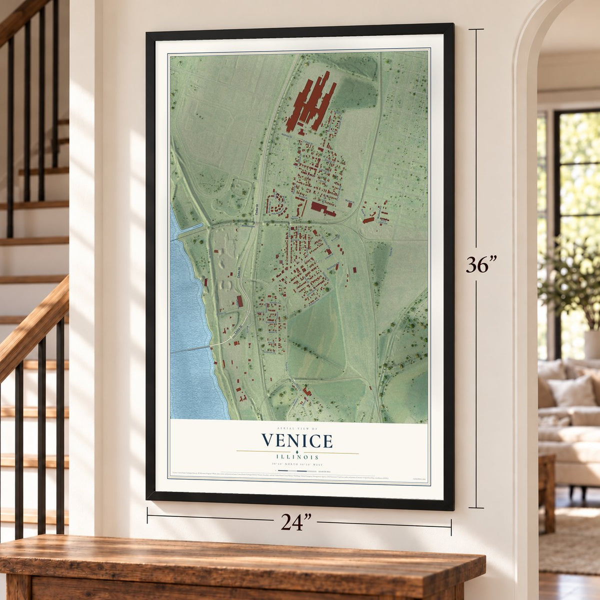Venice, Illinois map, 24 x 36 inch print in a black frame by a staircase