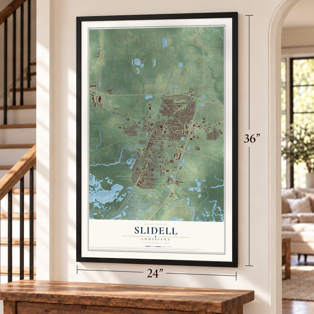 Slidell, Louisiana map, 24 x 36 inch print in a black frame by a staircase