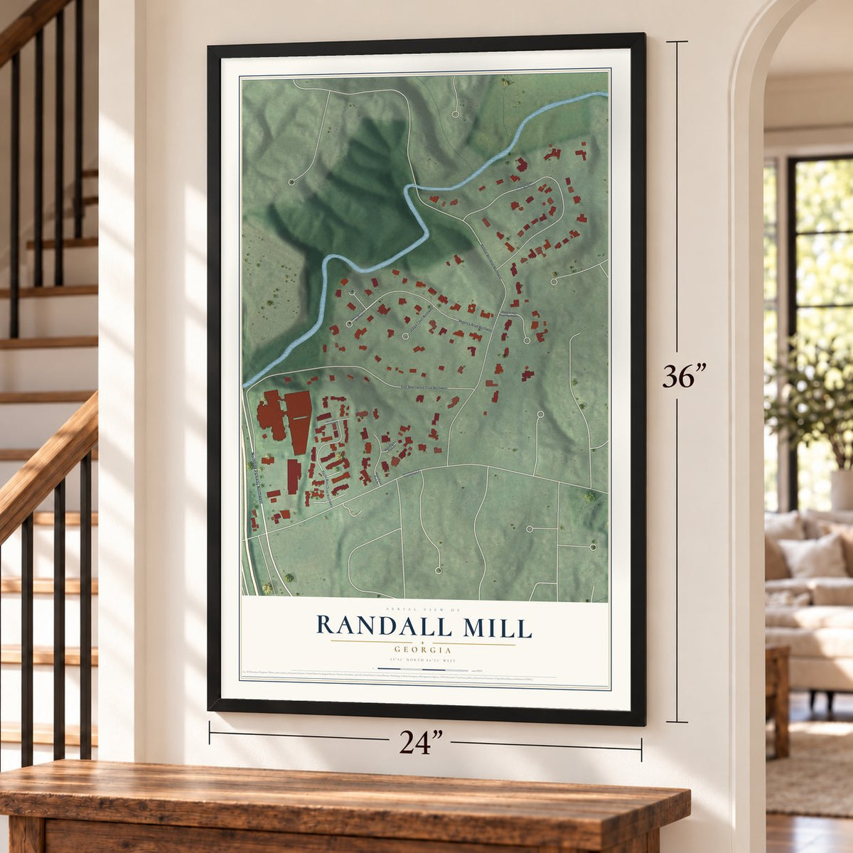 Randall Mill, Georgia map, 24 x 36 inch print in a black frame by a staircase