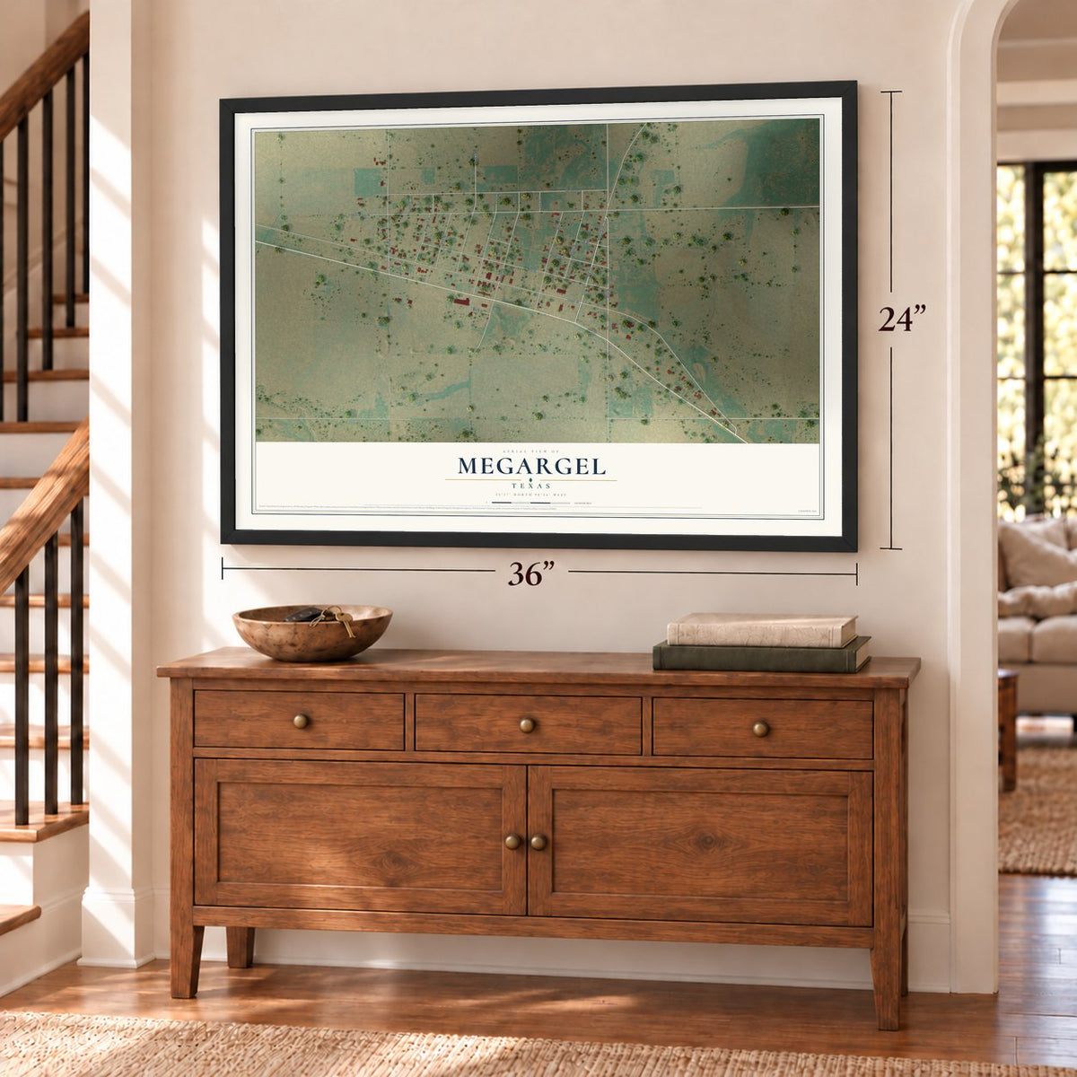 Megargel, Texas map, 24 x 36 inch print in a black frame above a dresser by a staircase