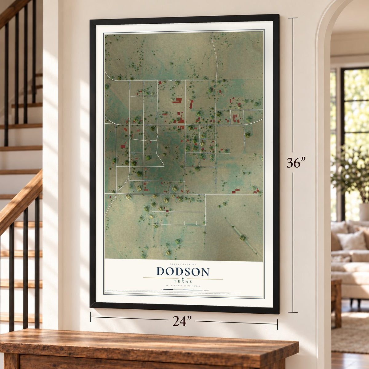 Dodson, Texas map, 24 x 36 inch print in a black frame by a staircase