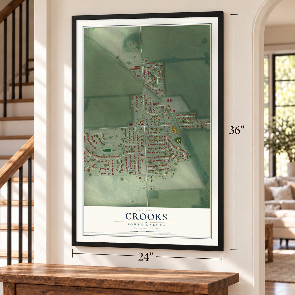 Crooks, South Dakota map, 24 x 36 inch print in a black frame by a staircase