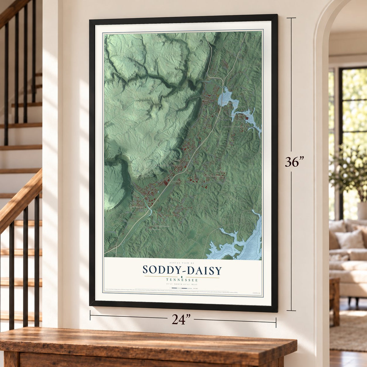 Soddy-Daisy, Tennessee map, 24 x 36 inch print in a black frame by a staircase