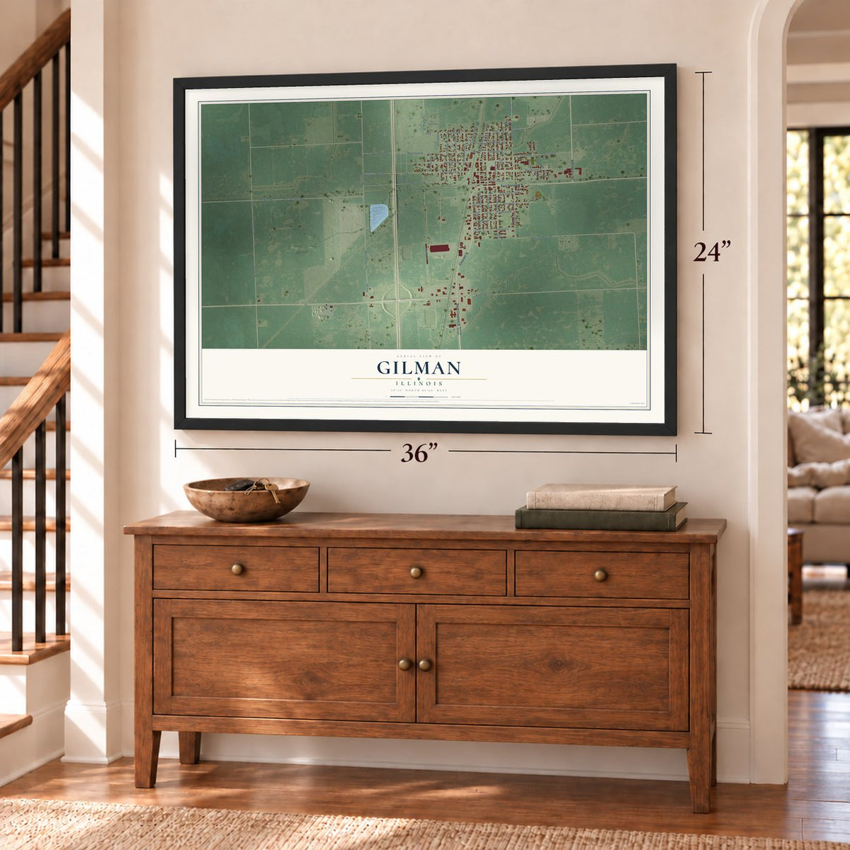 Gilman, Illinois map, 24 x 36 inch print in a black frame above a dresser by a staircase