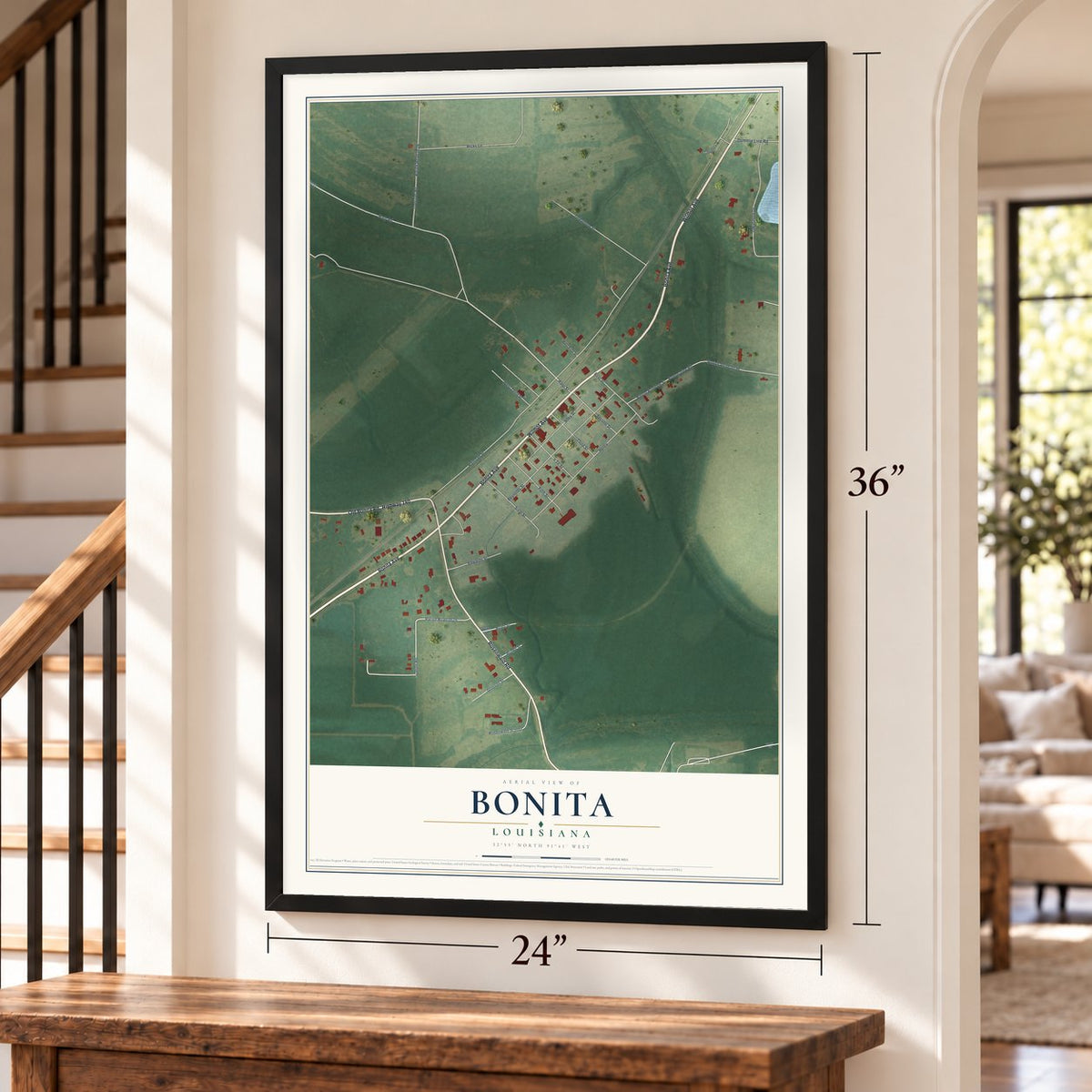 Bonita, Louisiana map, 24 x 36 inch print in a black frame by a staircase