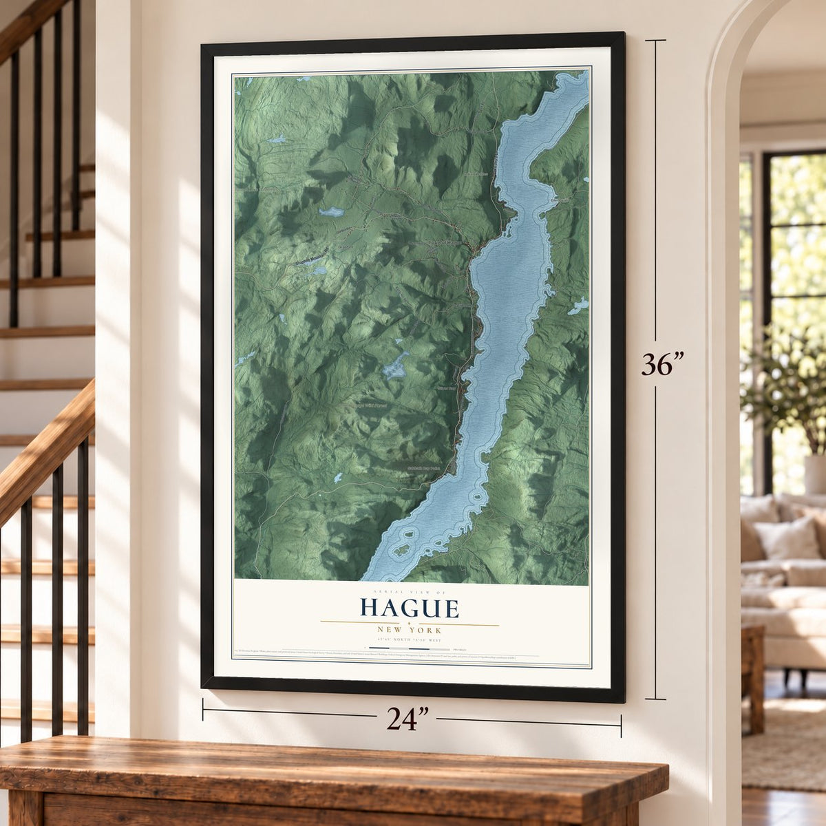 Hague, New York map, 24 x 36 inch print in a black frame by a staircase