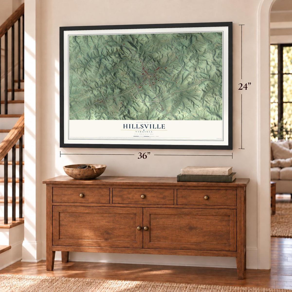 Hillsville, Virginia map, 24 x 36 inch print in a black frame above a dresser by a staircase