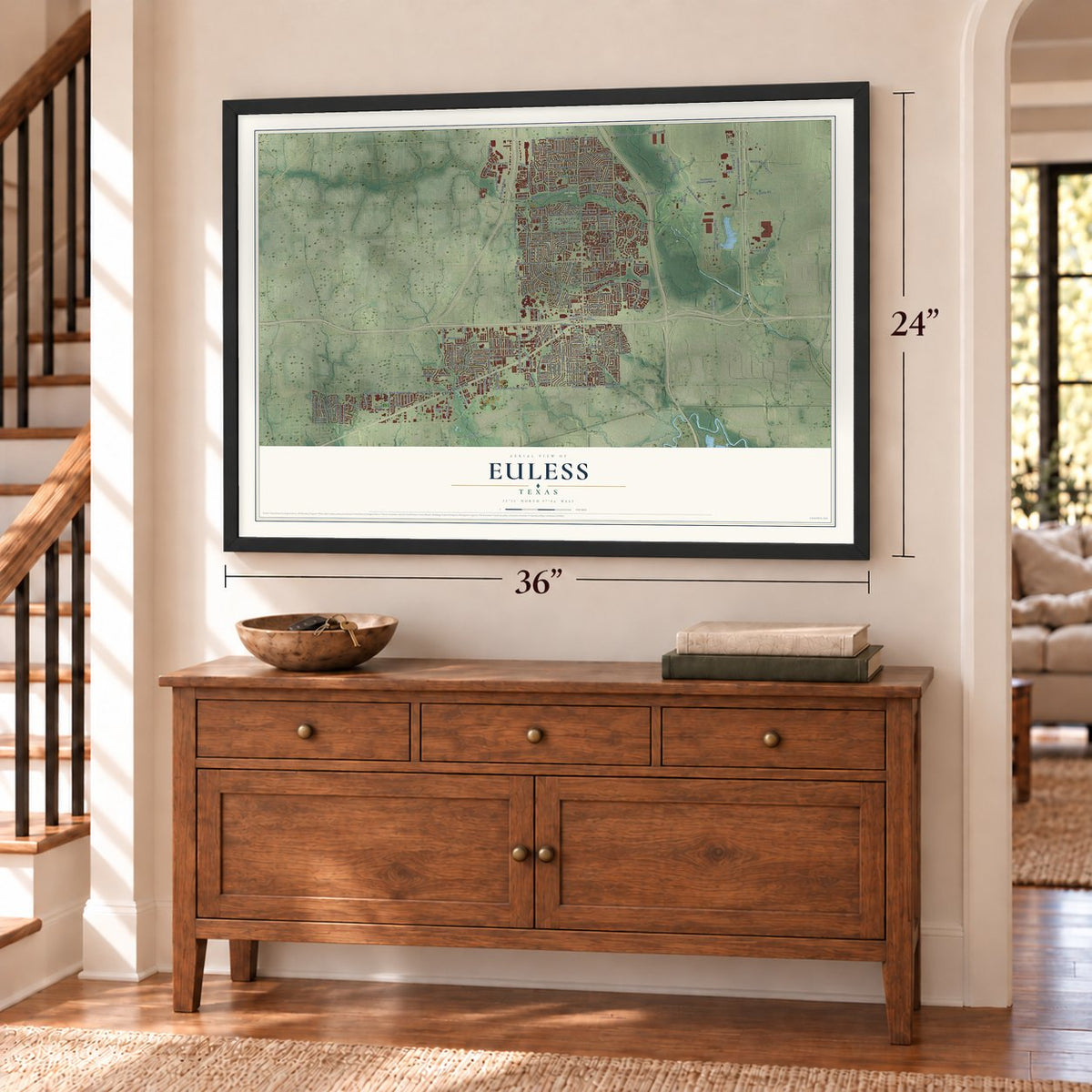 Euless, Texas map, 24 x 36 inch print in a black frame above a dresser by a staircase
