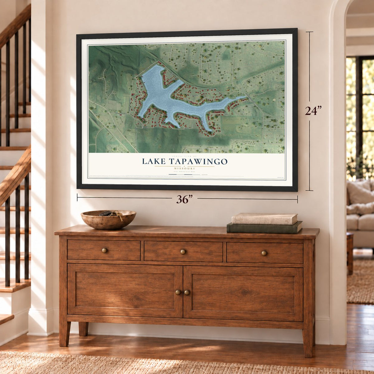 Lake Tapawingo, Missouri map, 24 x 36 inch print in a black frame above a dresser by a staircase