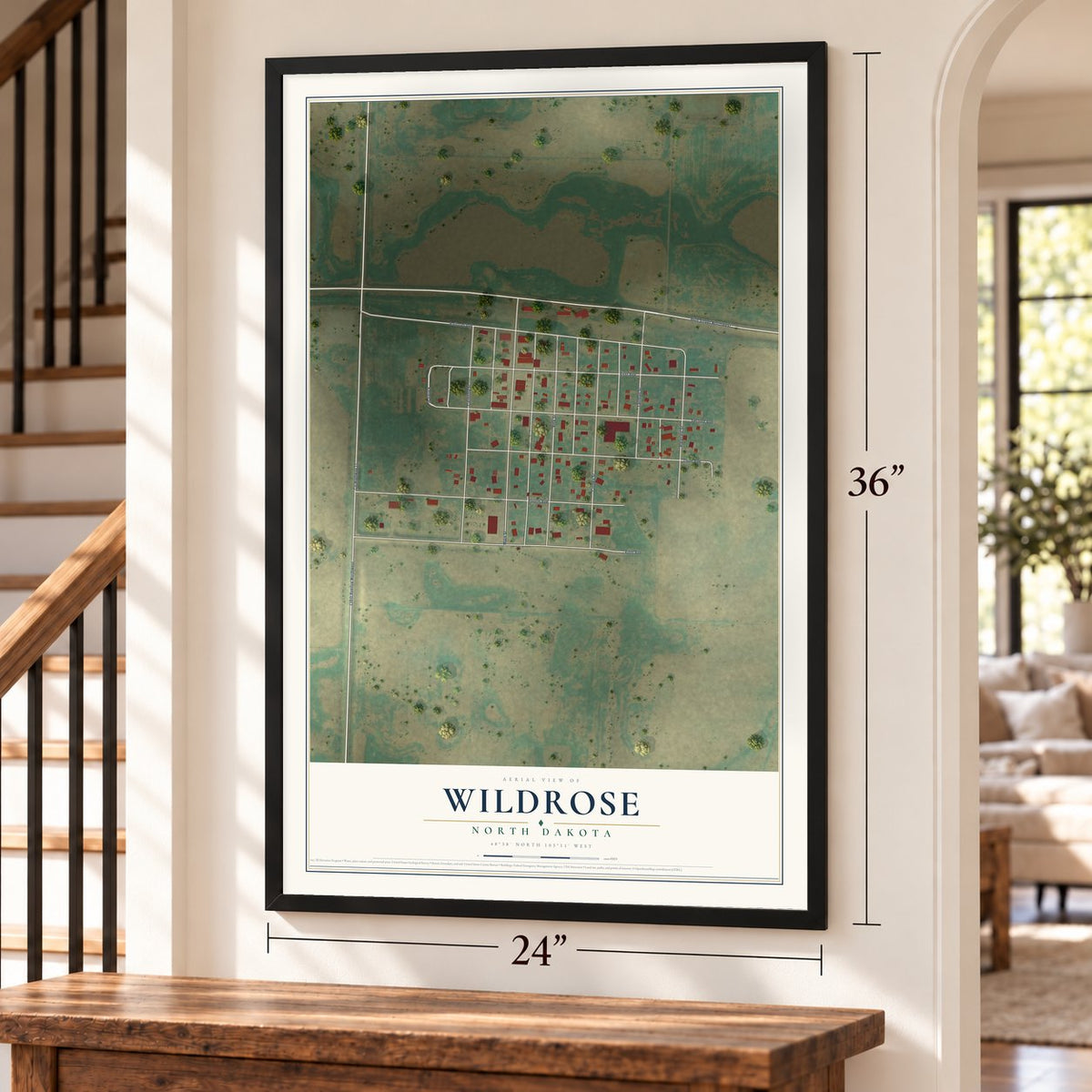 Wildrose, North Dakota map, 24 x 36 inch print in a black frame by a staircase