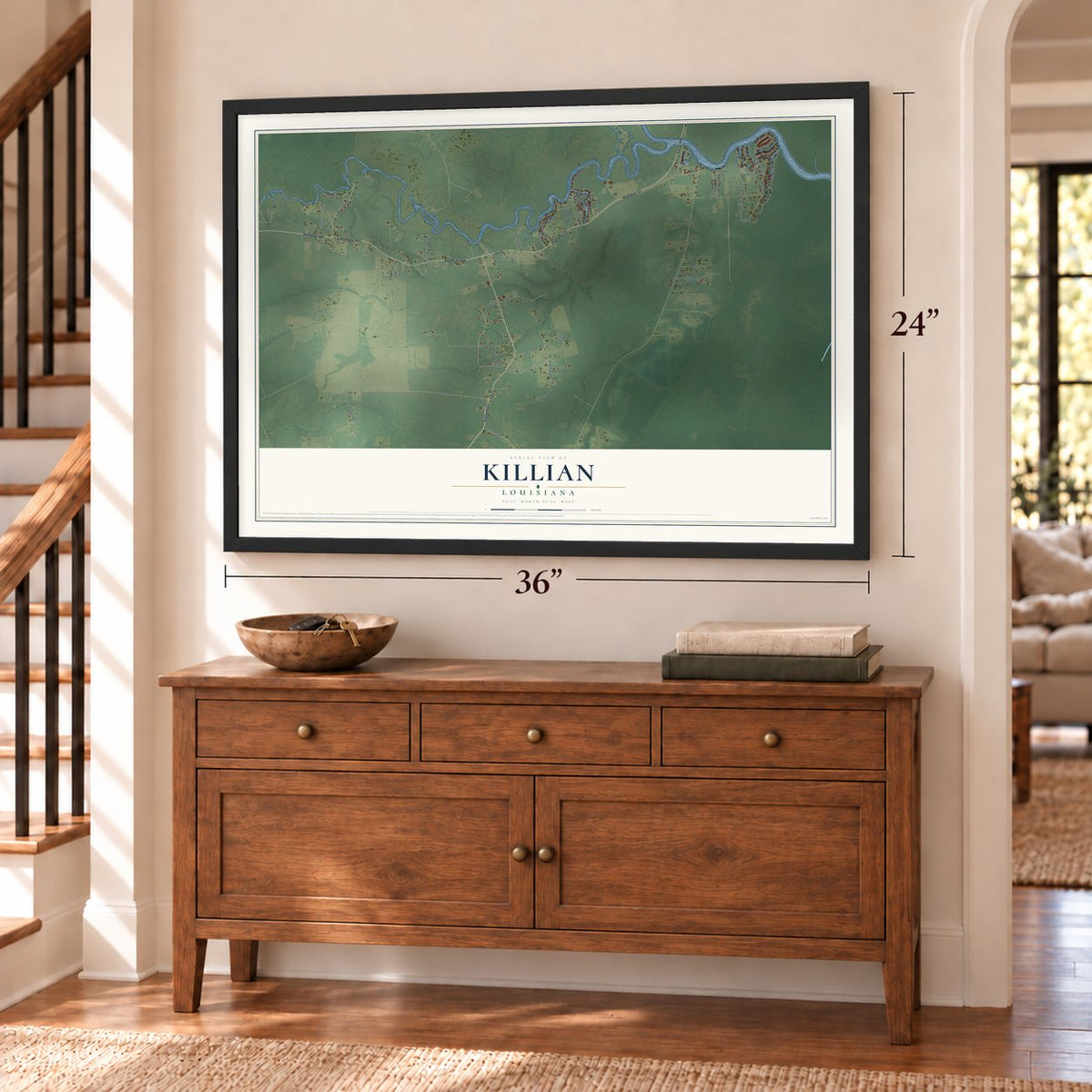 Killian, Louisiana map, 24 x 36 inch print in a black frame above a dresser by a staircase