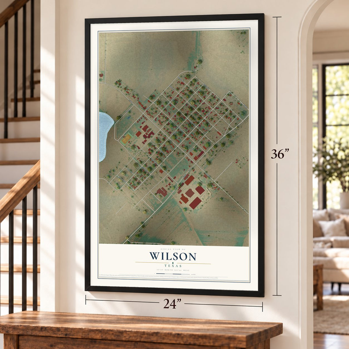 Wilson, Texas map, 24 x 36 inch print in a black frame by a staircase