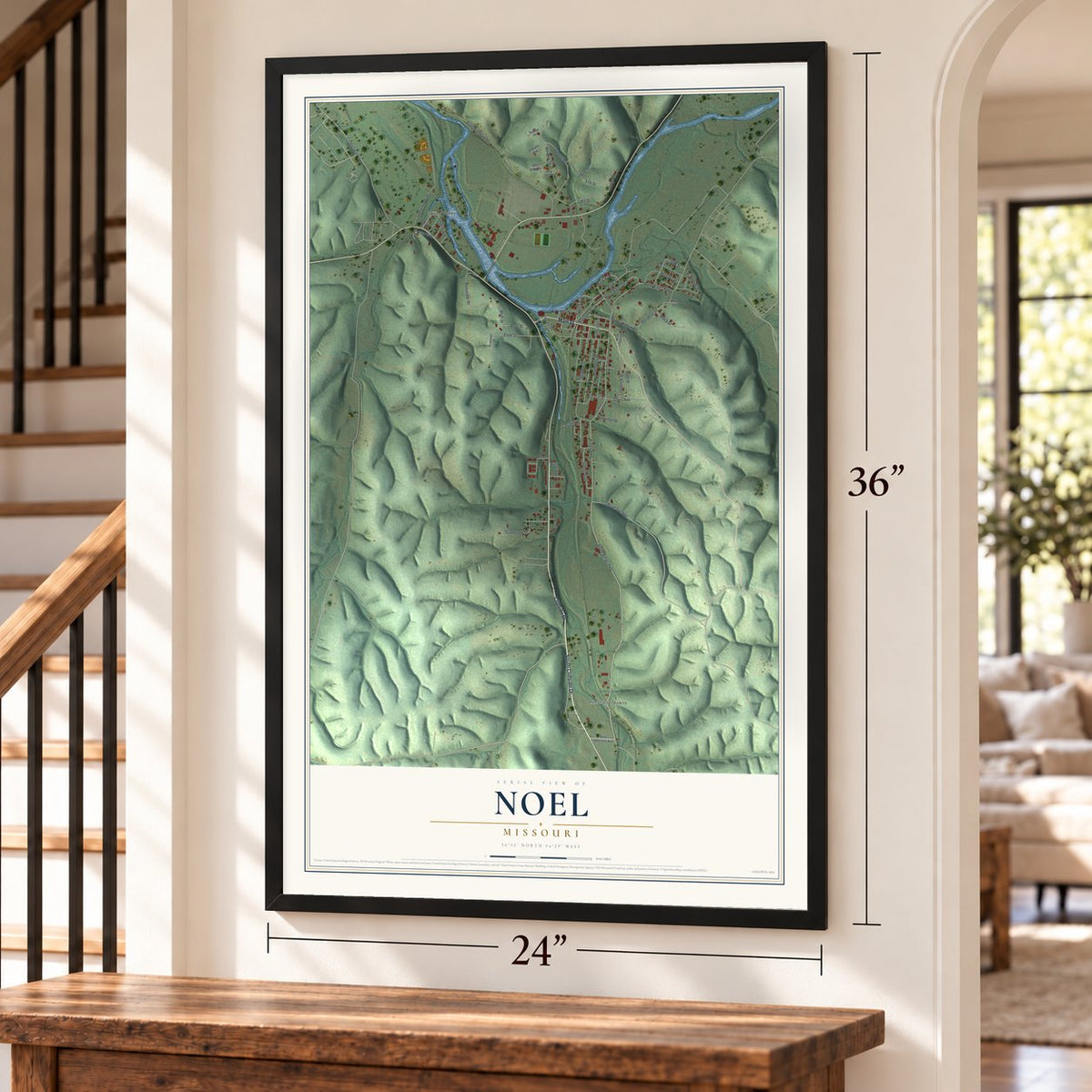 Noel, Missouri map, 24 x 36 inch print in a black frame by a staircase