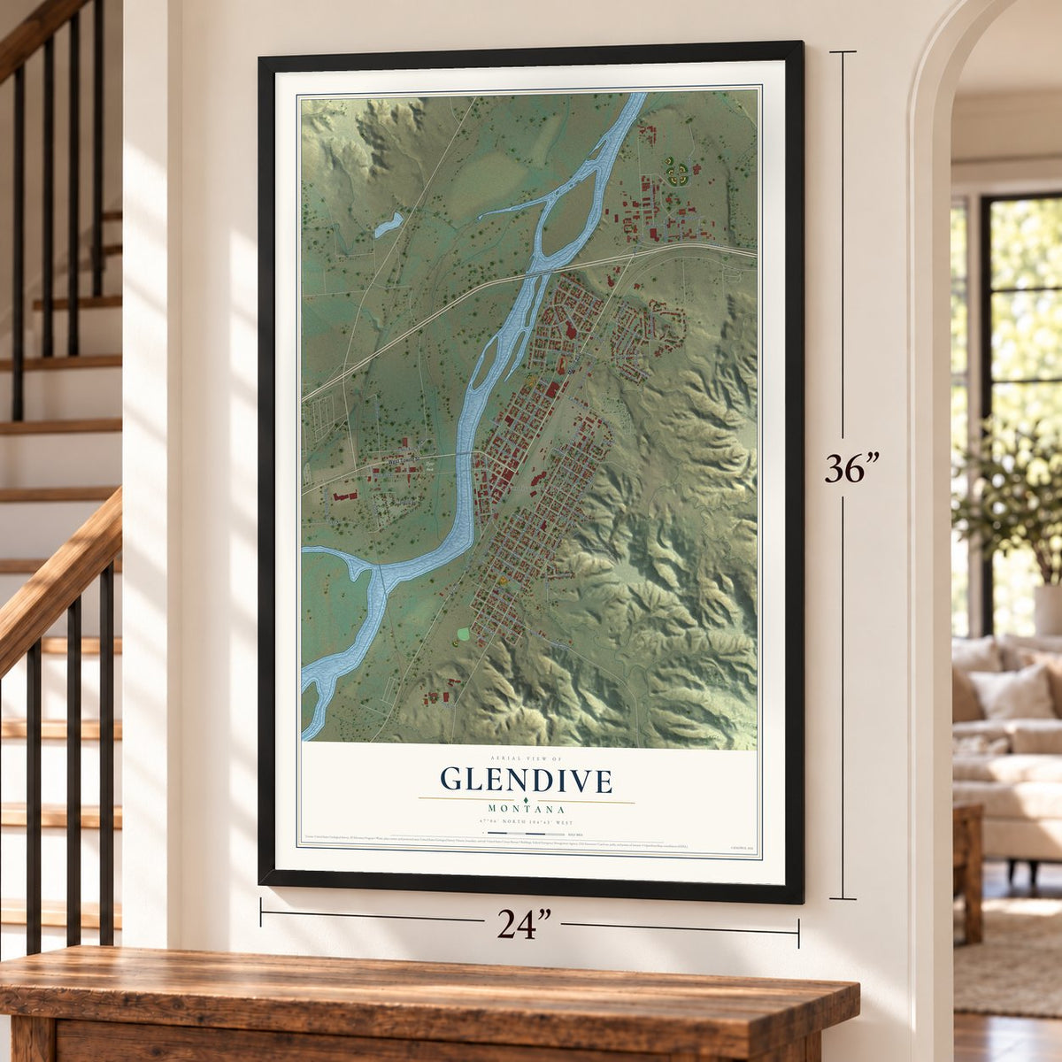 Glendive, Montana map, 24 x 36 inch print in a black frame by a staircase