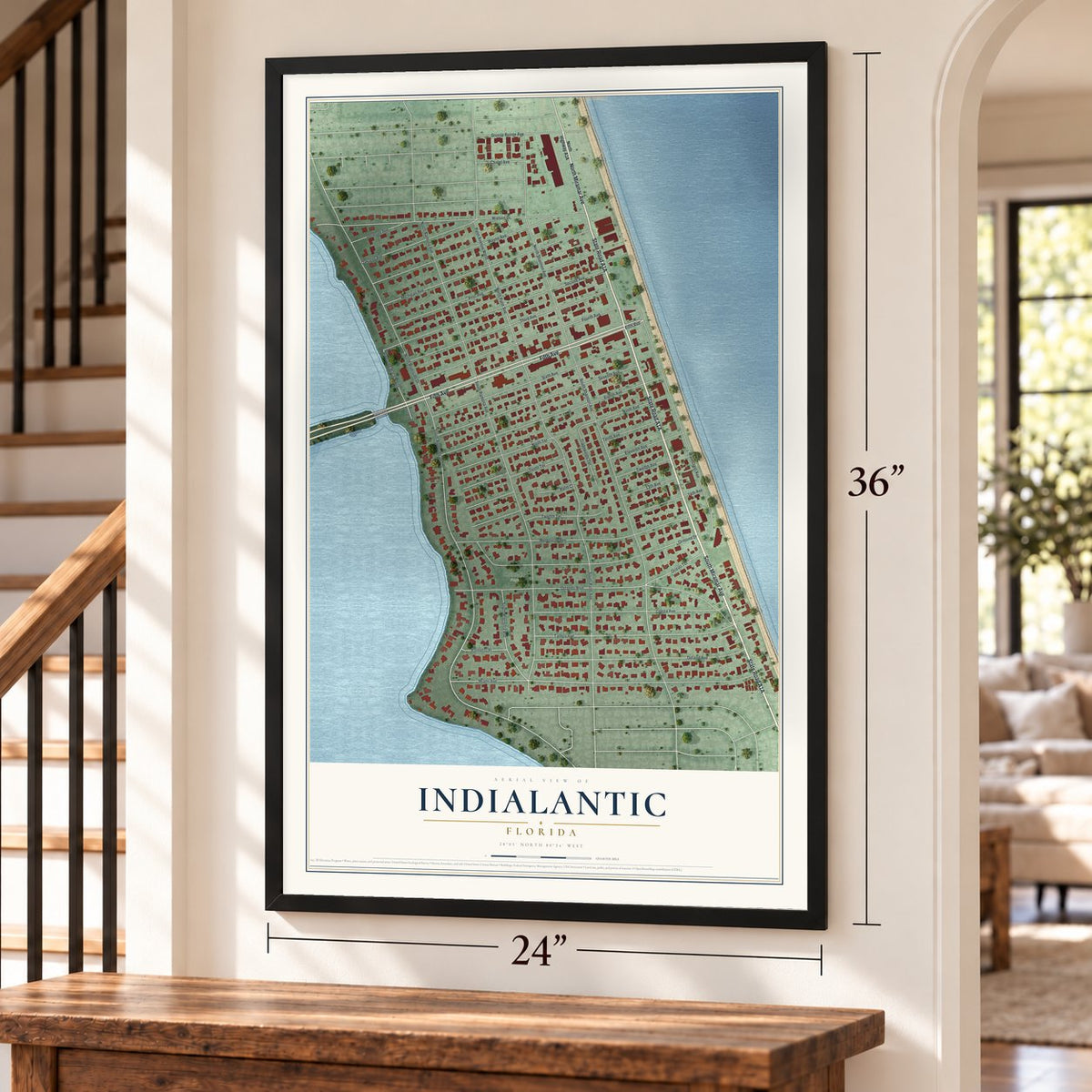 Indialantic, Florida map, 24 x 36 inch print in a black frame by a staircase