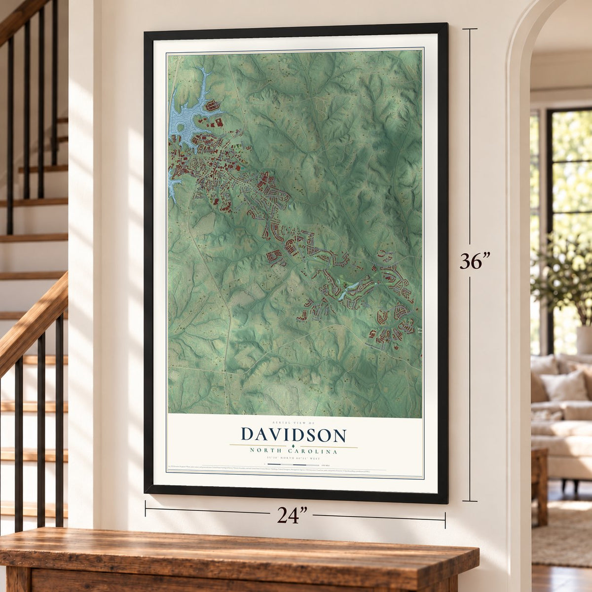 Davidson, North Carolina map, 24 x 36 inch print in a black frame by a staircase