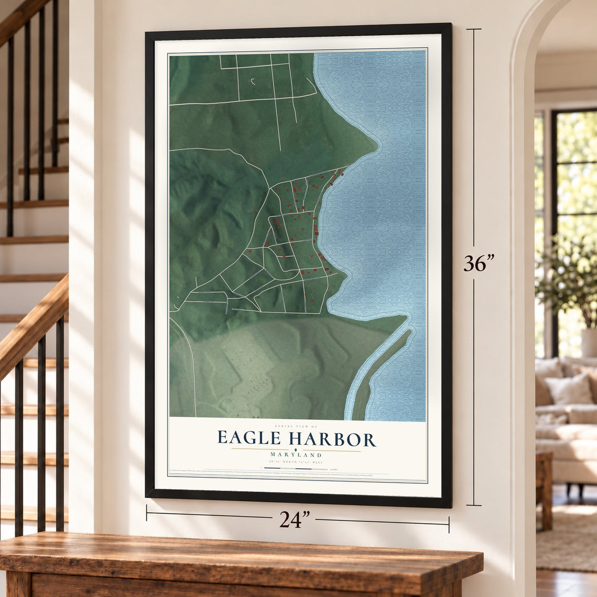 Eagle Harbor, Maryland map, 24 x 36 inch print in a black frame by a staircase