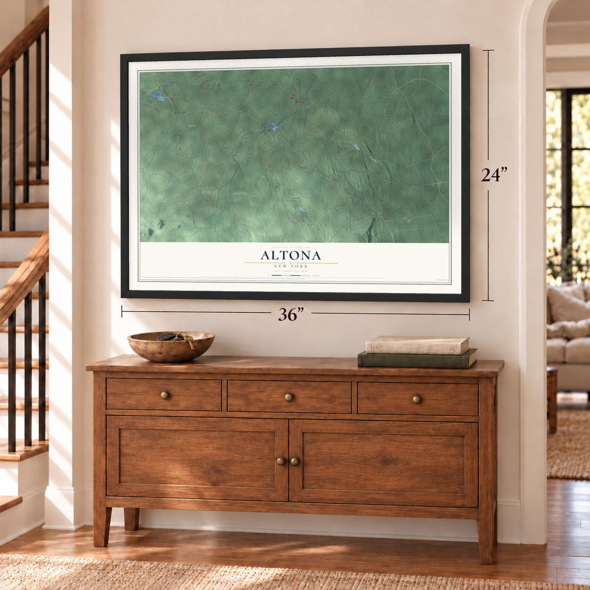 Altona, New York map, 24 x 36 inch print in a black frame above a dresser by a staircase