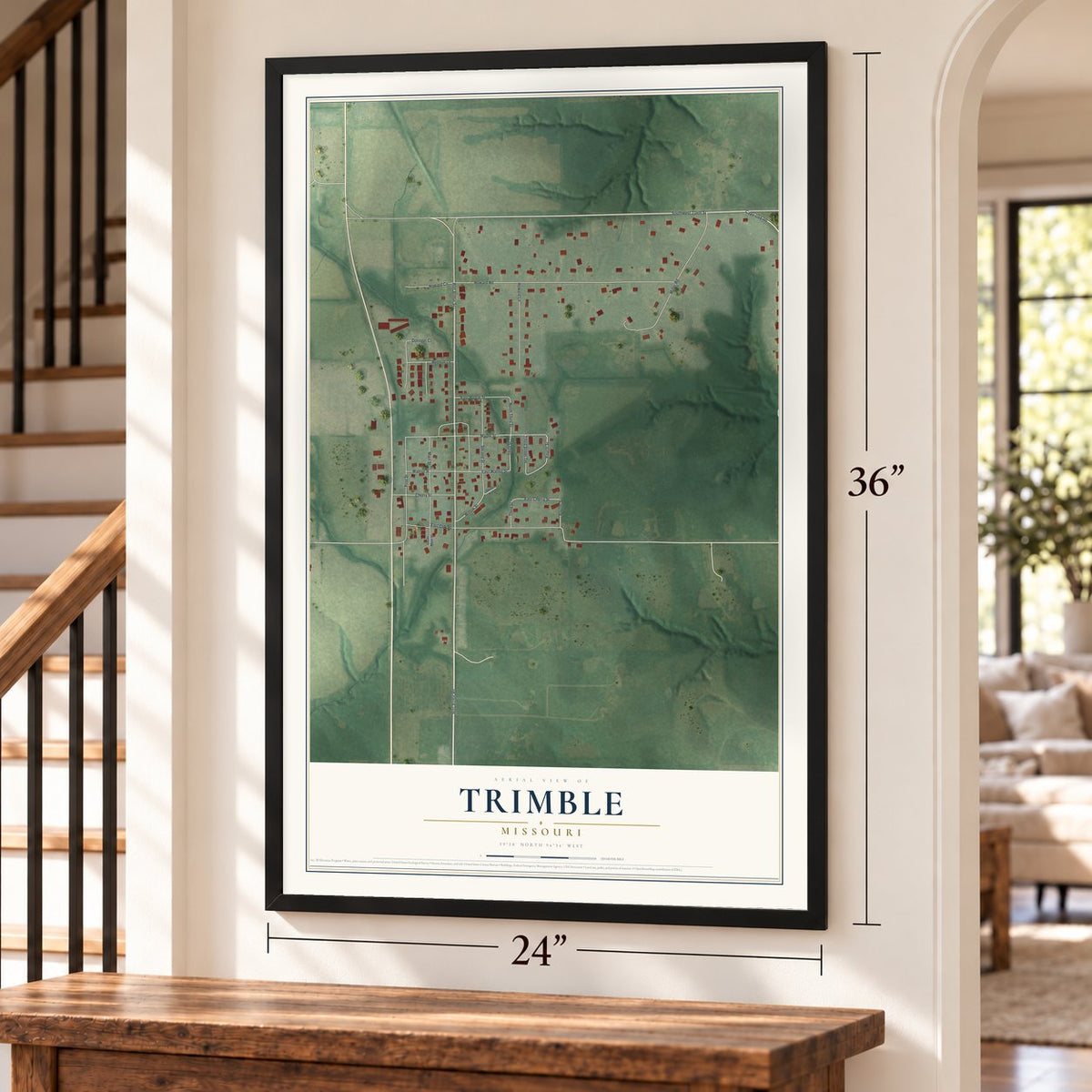 Trimble, Missouri map, 24 x 36 inch print in a black frame by a staircase
