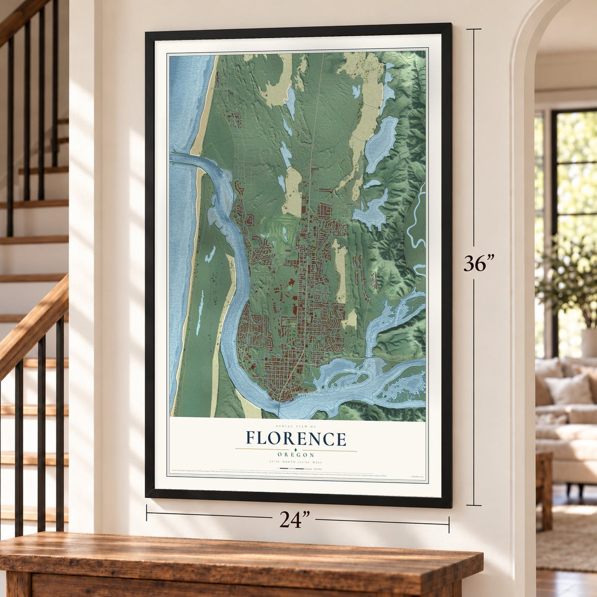 Florence, Oregon map, 24 x 36 inch print in a black frame by a staircase