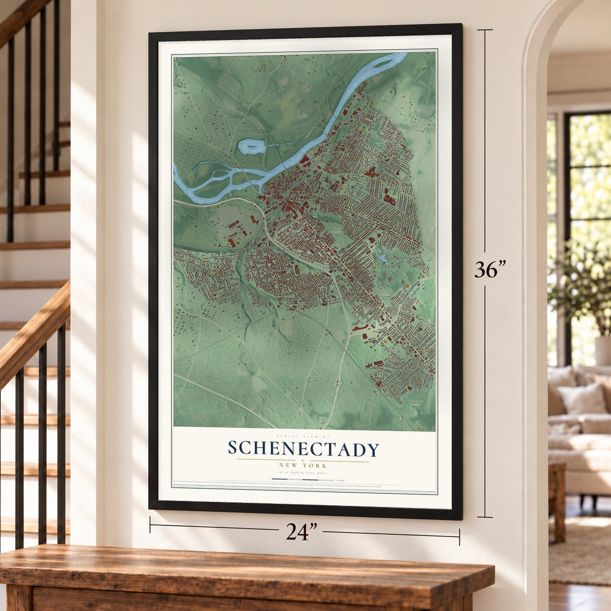 Schenectady, New York map, 24 x 36 inch print in a black frame by a staircase
