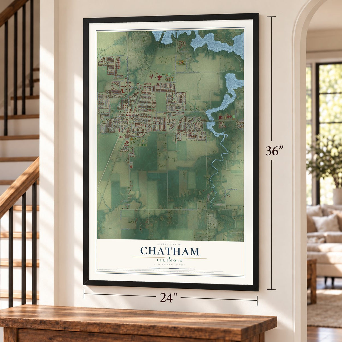 Chatham, Illinois map, 24 x 36 inch print in a black frame by a staircase