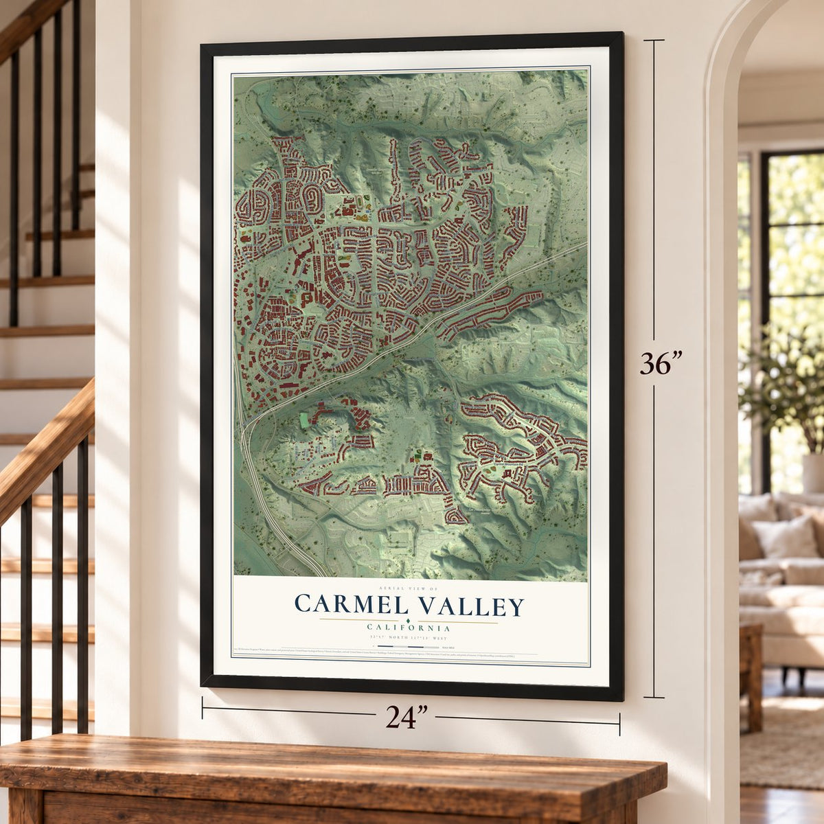 Carmel Valley, California map, 24 x 36 inch print in a black frame by a staircase