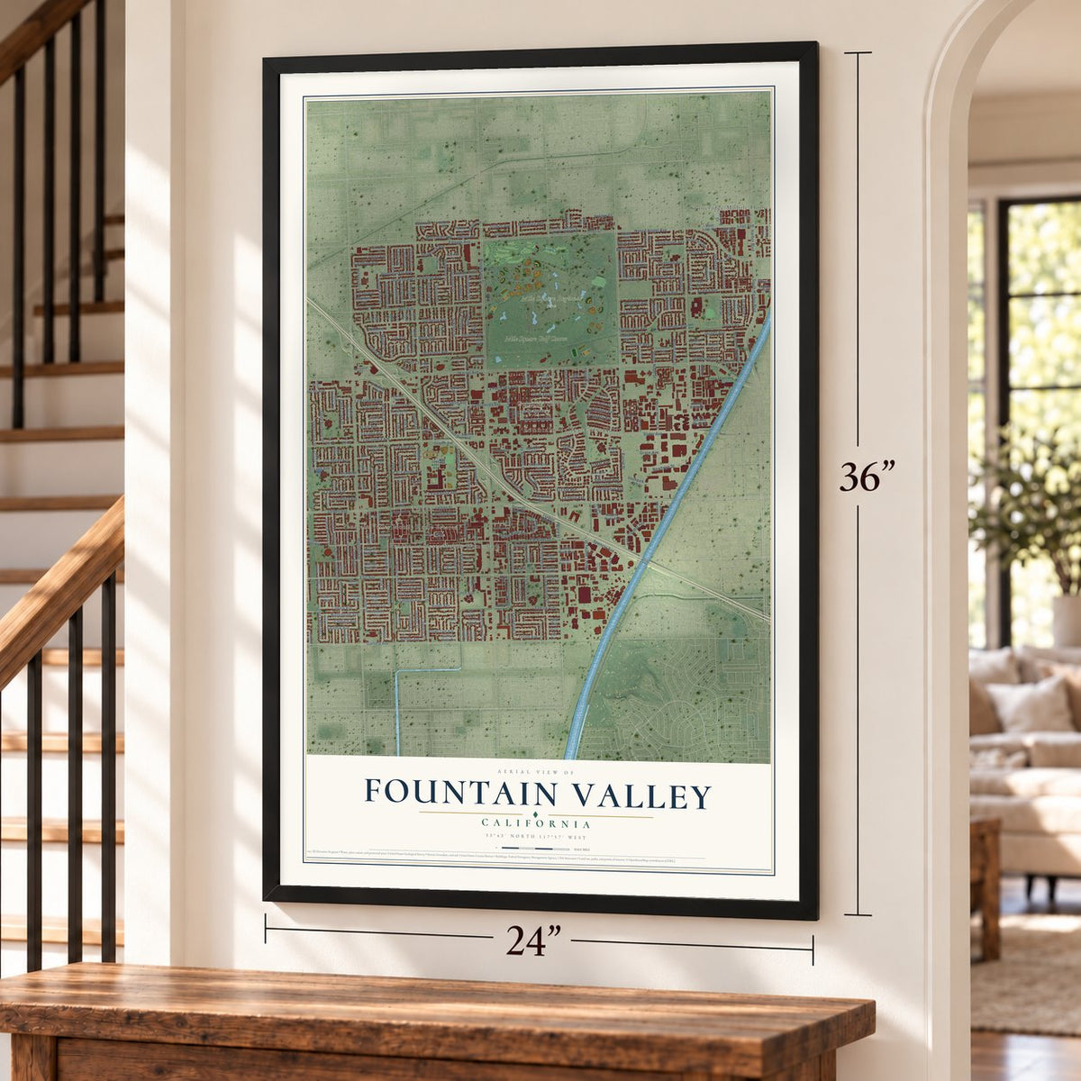 Fountain Valley, California map, 24 x 36 inch print in a black frame by a staircase