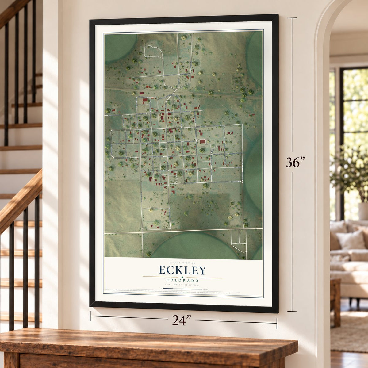 Eckley, Colorado map, 24 x 36 inch print in a black frame by a staircase