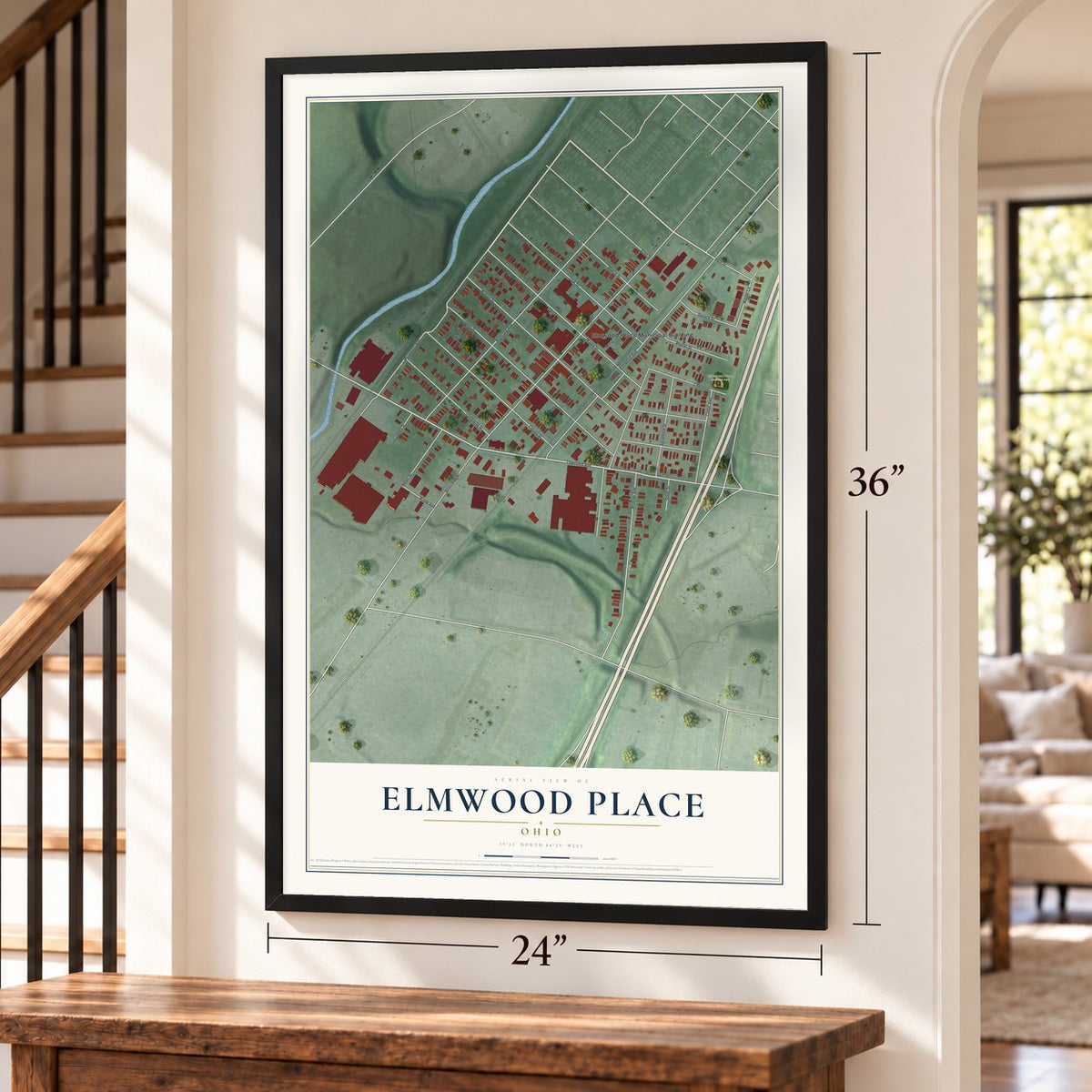 Elmwood Place, Ohio map, 24 x 36 inch print in a black frame by a staircase