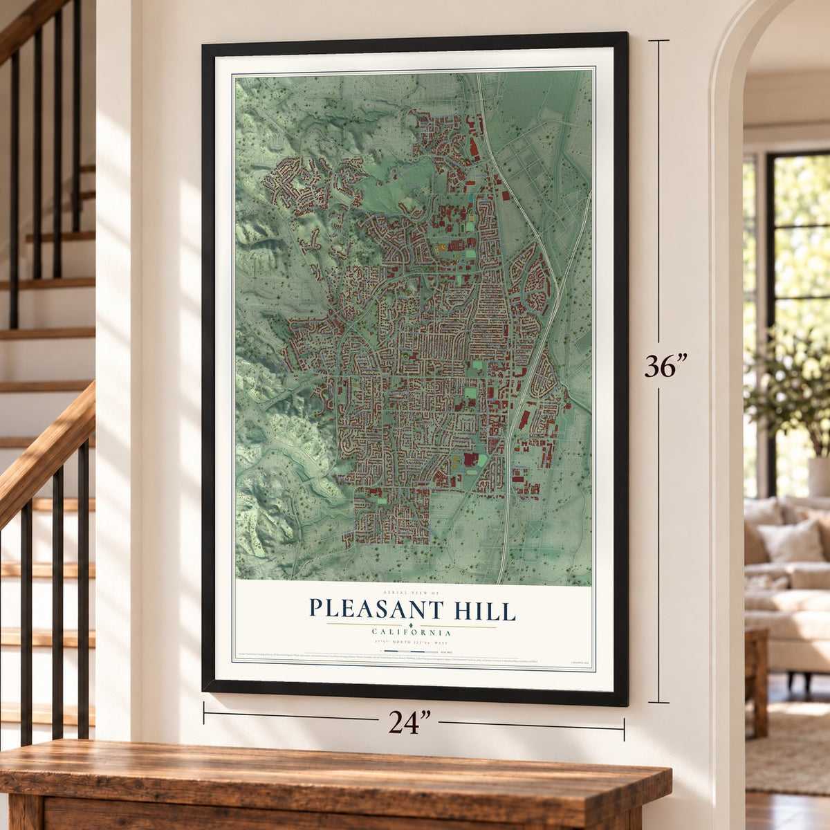 Pleasant Hill, California map, 24 x 36 inch print in a black frame by a staircase