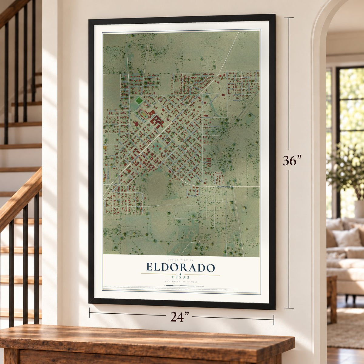 Eldorado, Texas map, 24 x 36 inch print in a black frame by a staircase