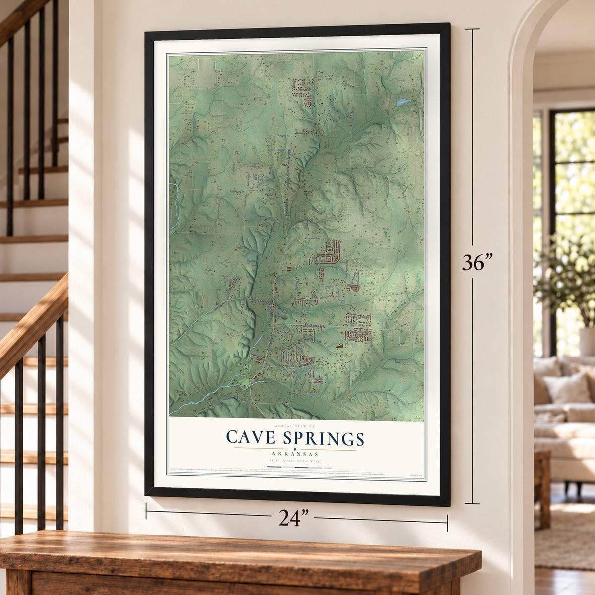 Cave Springs, Arkansas map, 24 x 36 inch print in a black frame by a staircase