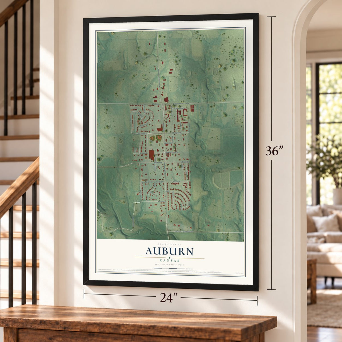 Auburn, Kansas map, 24 x 36 inch print in a black frame by a staircase