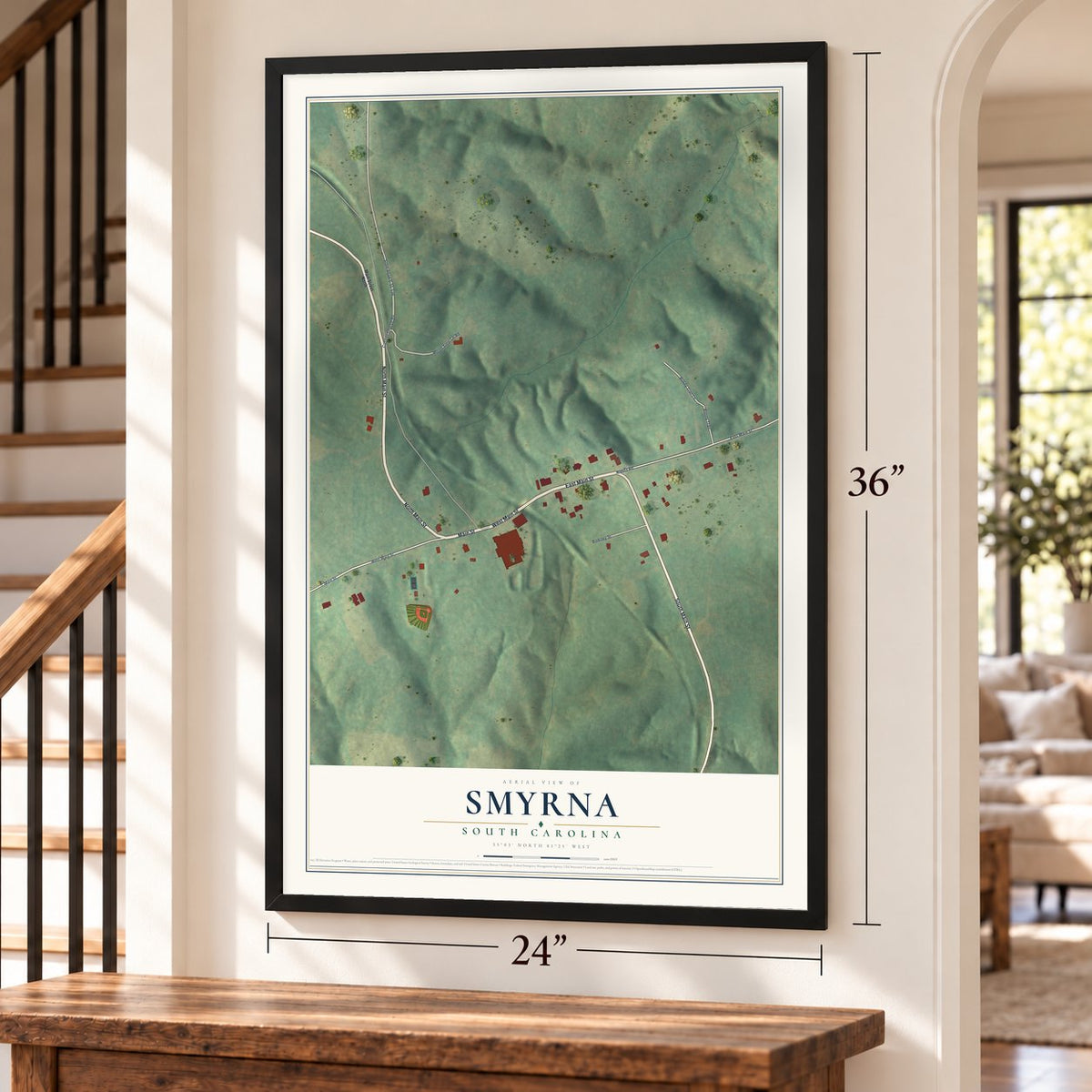 Smyrna, South Carolina map, 24 x 36 inch print in a black frame by a staircase