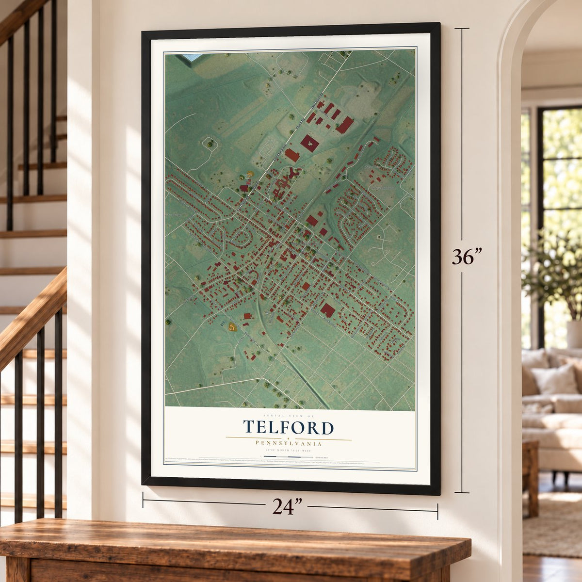 Telford, Pennsylvania map, 24 x 36 inch print in a black frame by a staircase