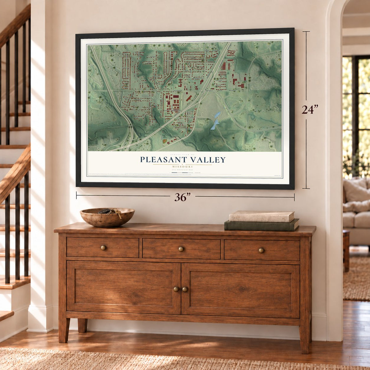 Pleasant Valley, Missouri map, 24 x 36 inch print in a black frame above a dresser by a staircase