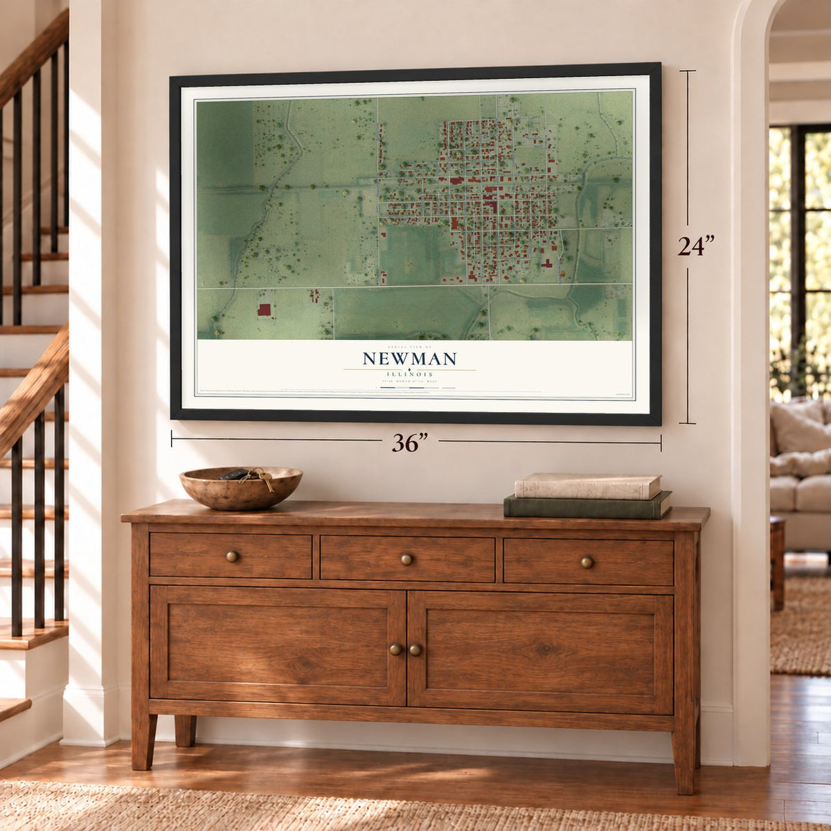 Newman, Illinois map, 24 x 36 inch print in a black frame above a dresser by a staircase