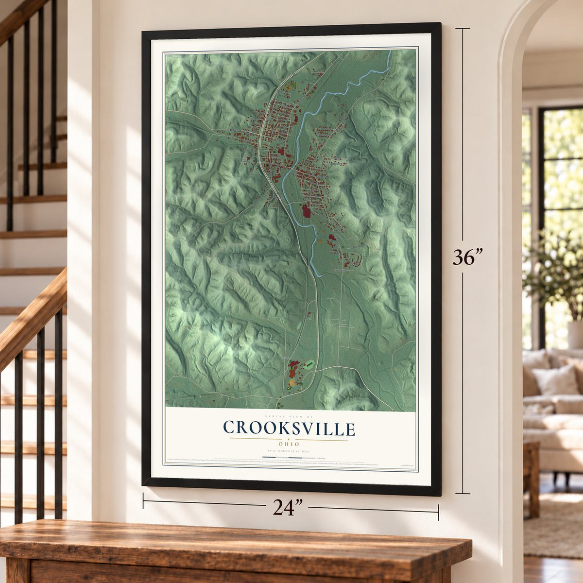 Crooksville, Ohio map, 24 x 36 inch print in a black frame by a staircase