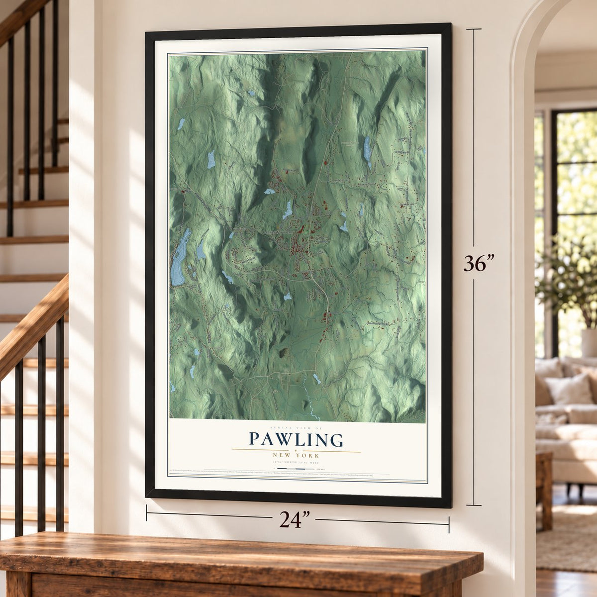 Pawling, New York map, 24 x 36 inch print in a black frame by a staircase